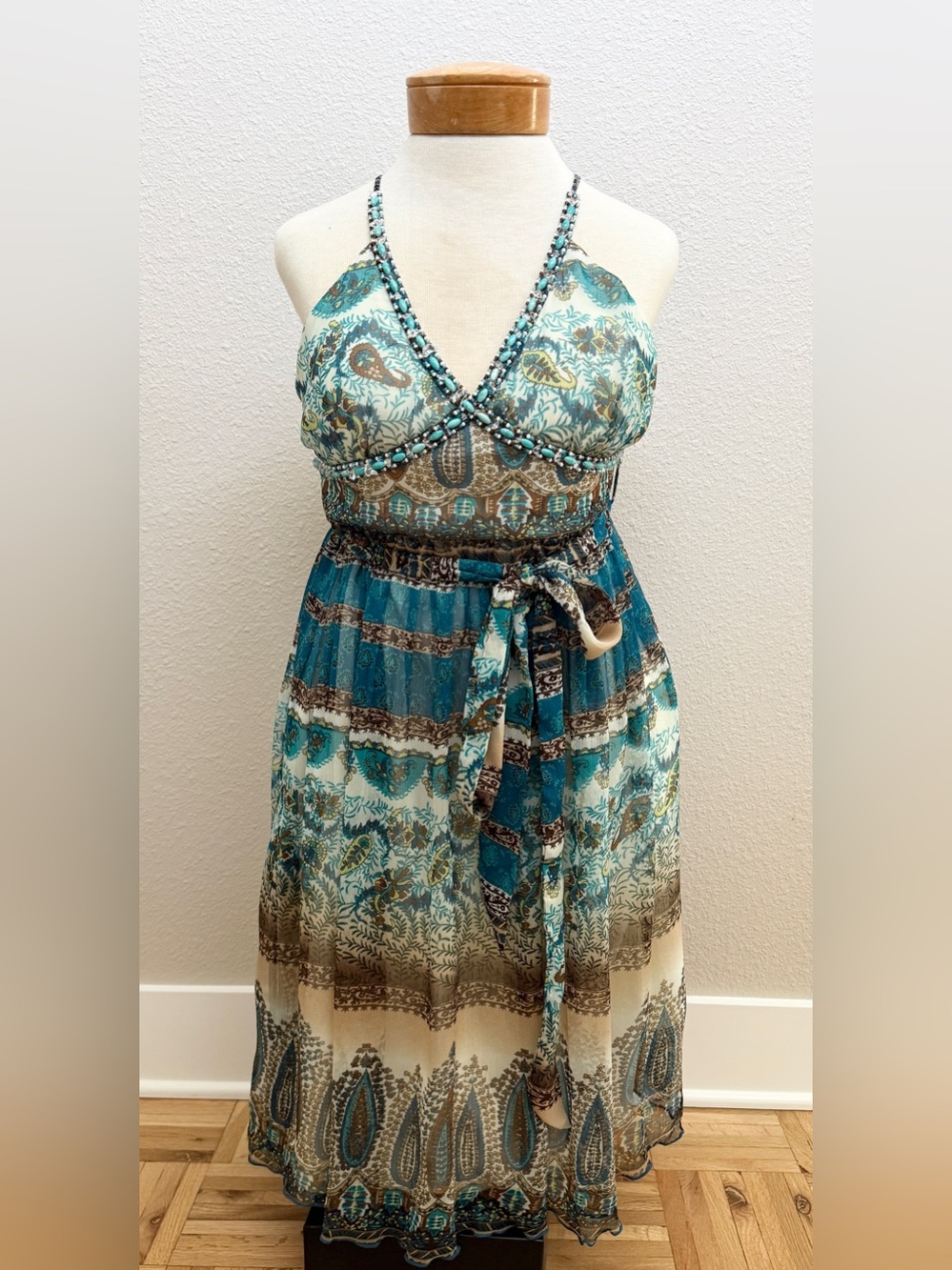 Lucy Paris Teal & Cream Beaded Halter Dress